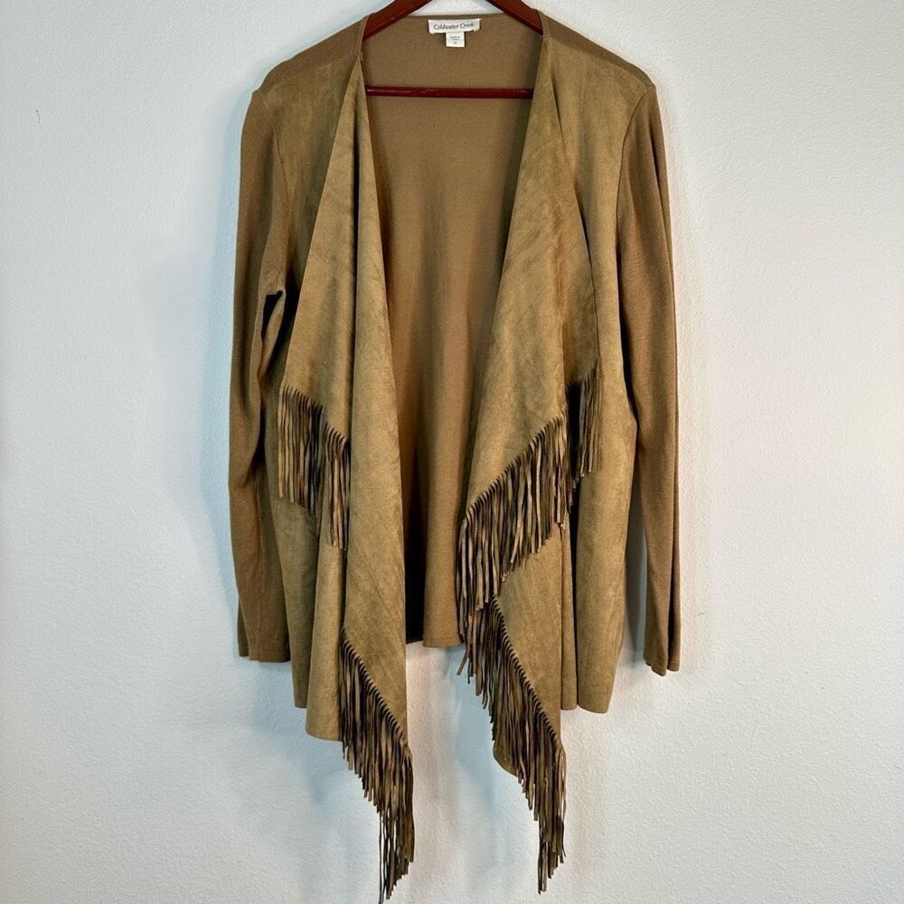 Coldwater Creek Fringe Trim Cardigan Sweater Womens 1X Western Boho Camel Tan